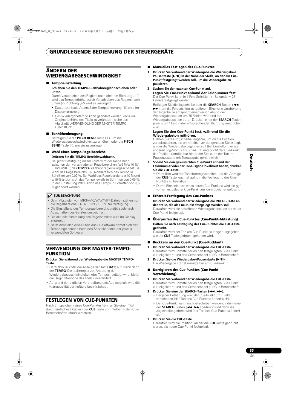 Grundlegende bedienung der steuergeräte, Ändern der wiedergabegeschwindigkeit, Verwendung der master-tempo- funktion | Festlegen von cue-punkten | Pioneer MEP-7000 User Manual | Page 171 / 206