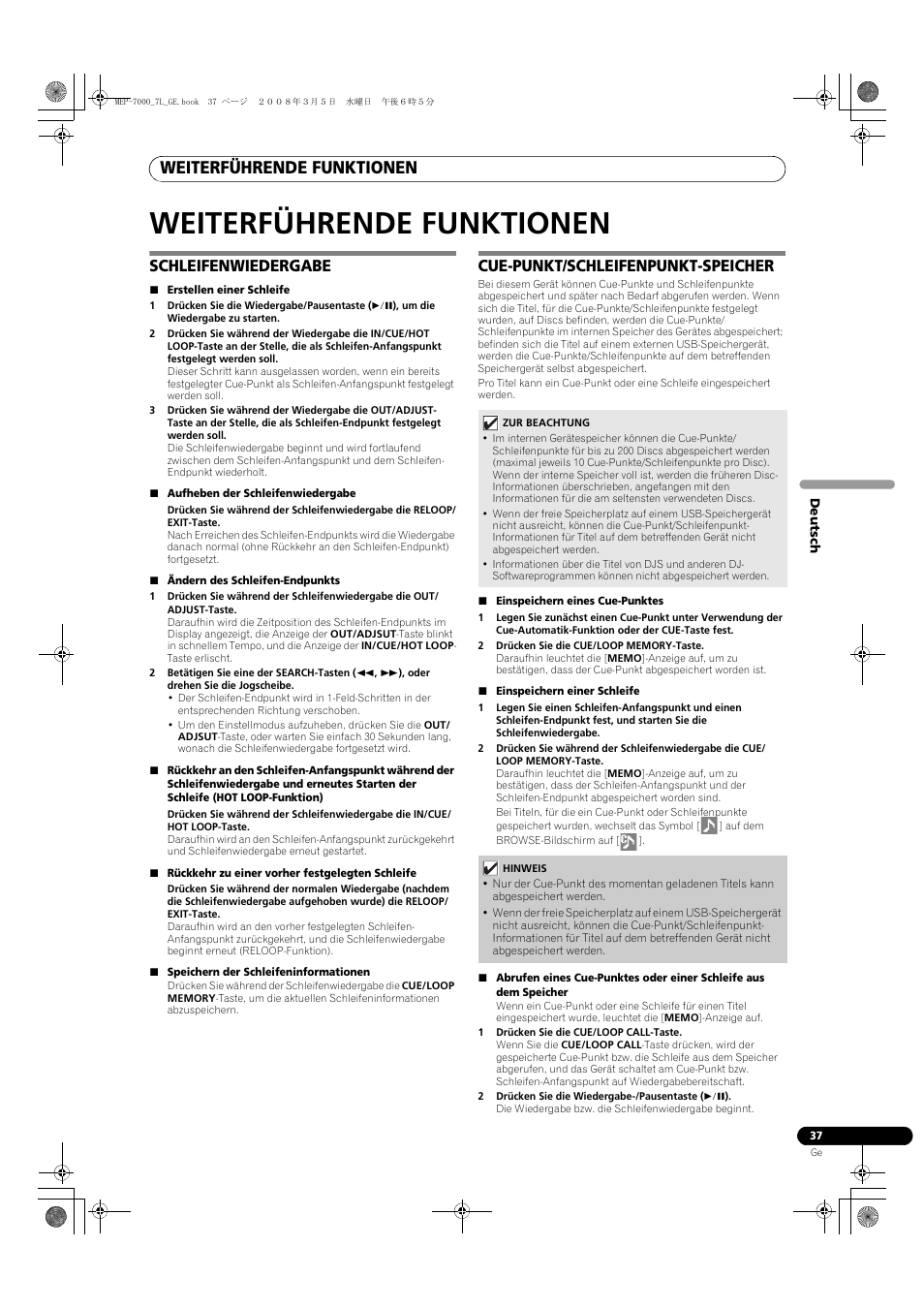 Weiterführende funktionen, Schleifenwiedergabe, Cue-punkt/schleifenpunkt-speicher | Pioneer MEP-7000 User Manual | Page 173 / 206