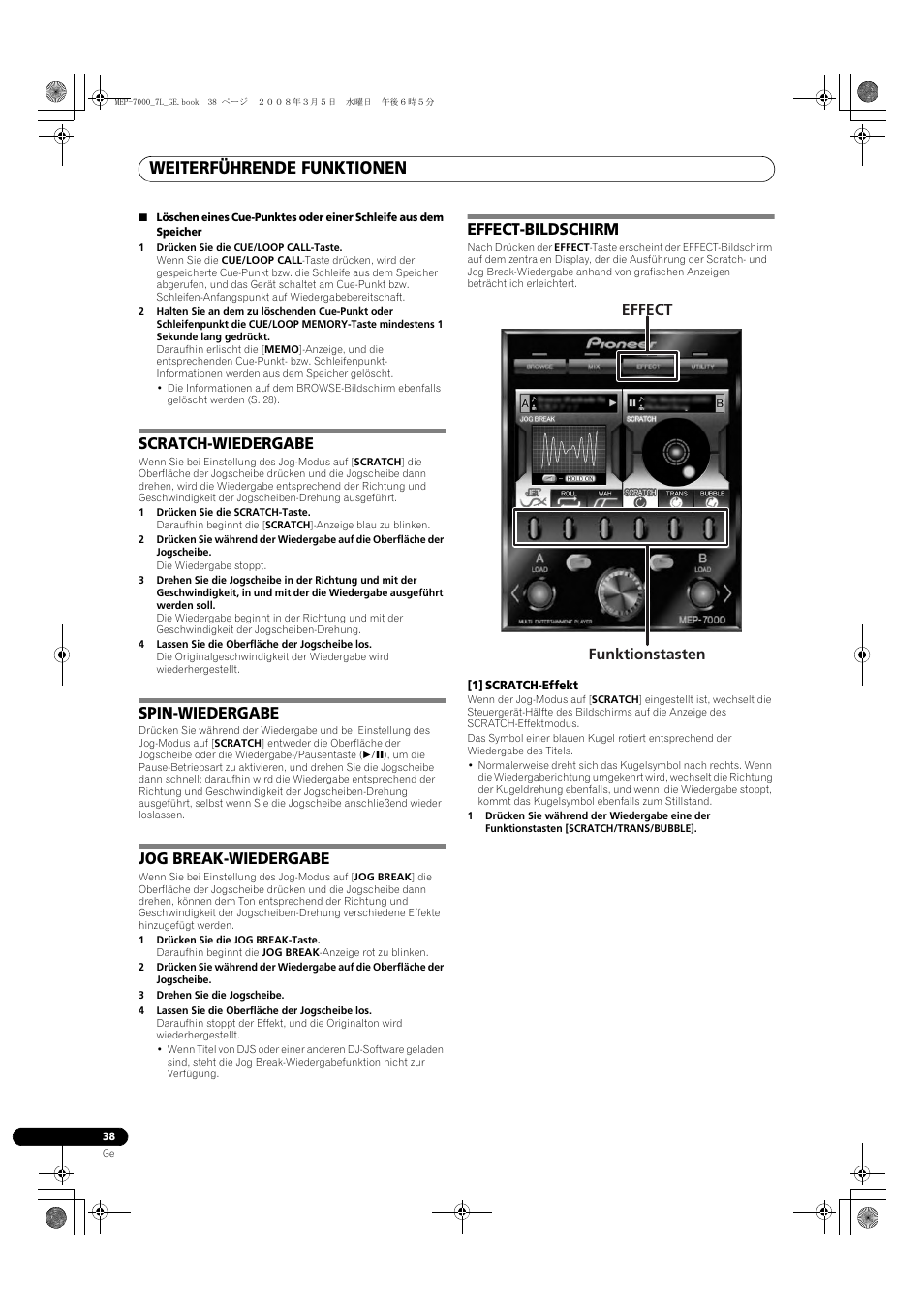 Weiterführende funktionen, Scratch-wiedergabe, Spin-wiedergabe | Jog break-wiedergabe, Effect-bildschirm, Effect funktionstasten | Pioneer MEP-7000 User Manual | Page 174 / 206