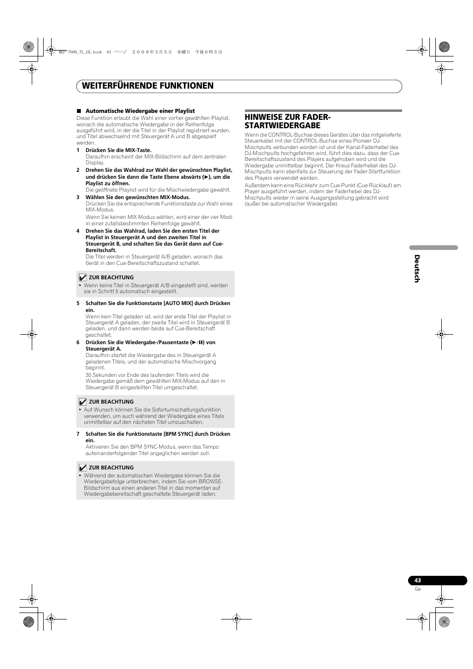 Hinweise zur fader-startwiedergabe, Weiterführende funktionen, Hinweise zur fader- startwiedergabe | Pioneer MEP-7000 User Manual | Page 179 / 206