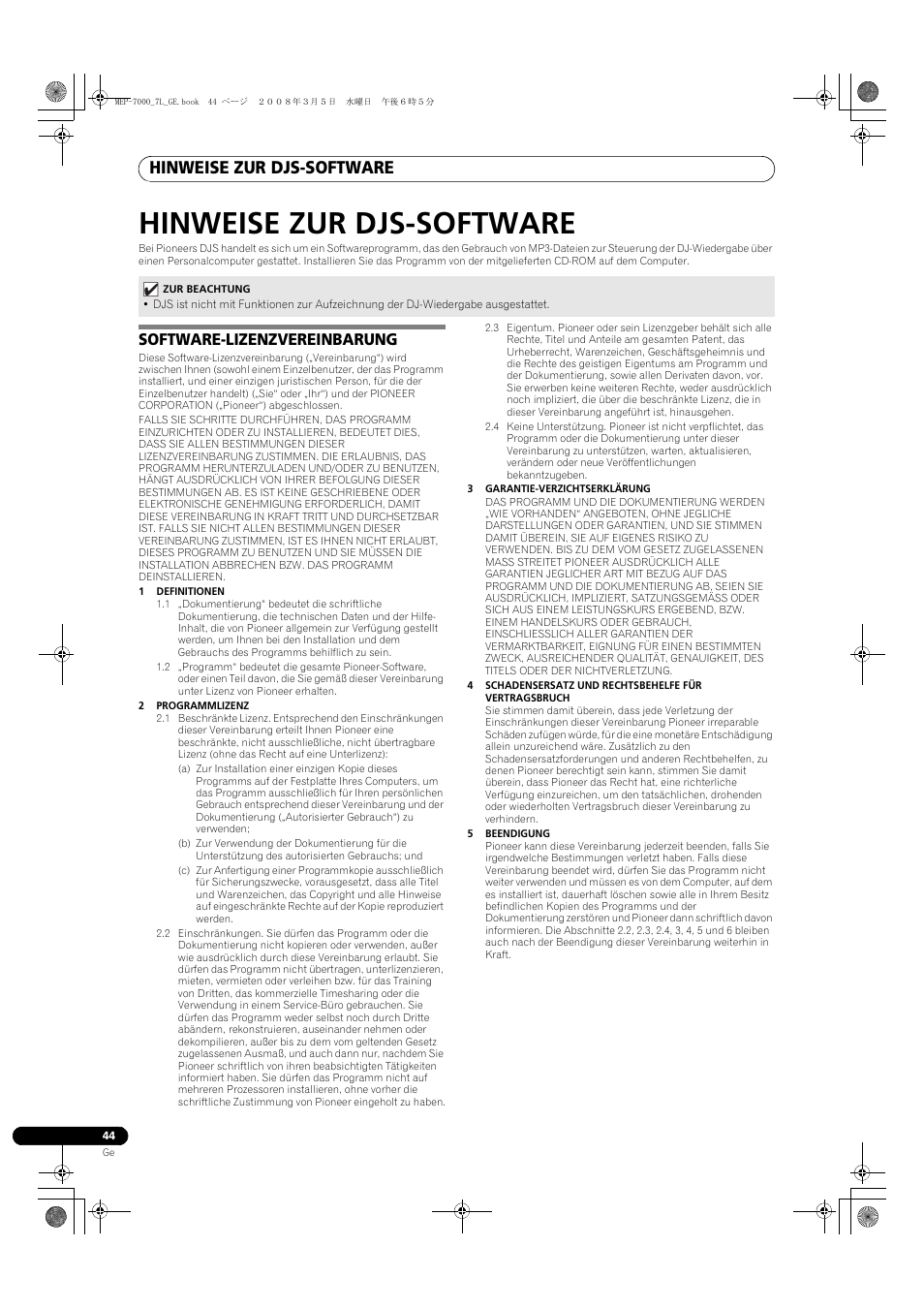 Hinweise zur djs-software, Software-lizenzvereinbarung | Pioneer MEP-7000 User Manual | Page 180 / 206