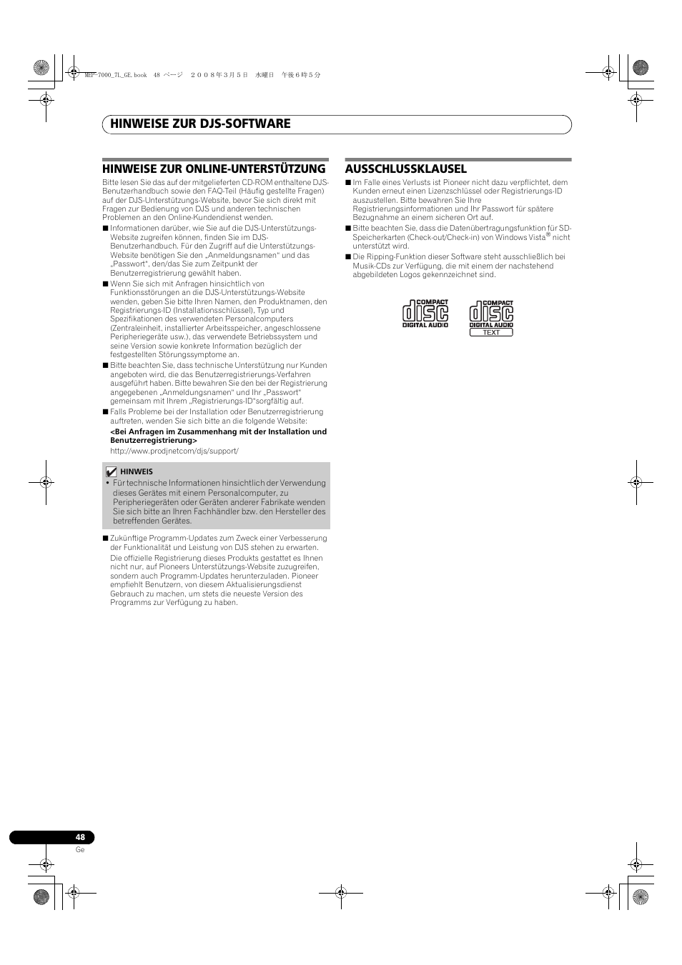 Hinweise zur djs-software, Hinweise zur online-unterstützung, Ausschlussklausel | Pioneer MEP-7000 User Manual | Page 184 / 206
