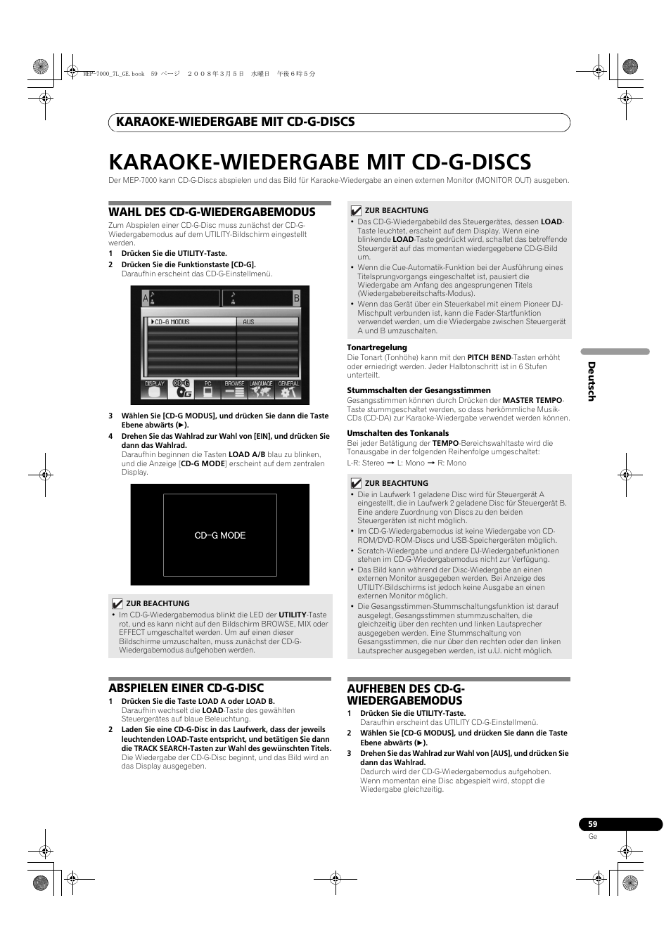 Karaoke-wiedergabe mit cd-g-discs, Wahl des cd-g-wiedergabemodus, Abspielen einer cd-g-disc | Aufheben des cd-g- wiedergabemodus | Pioneer MEP-7000 User Manual | Page 195 / 206