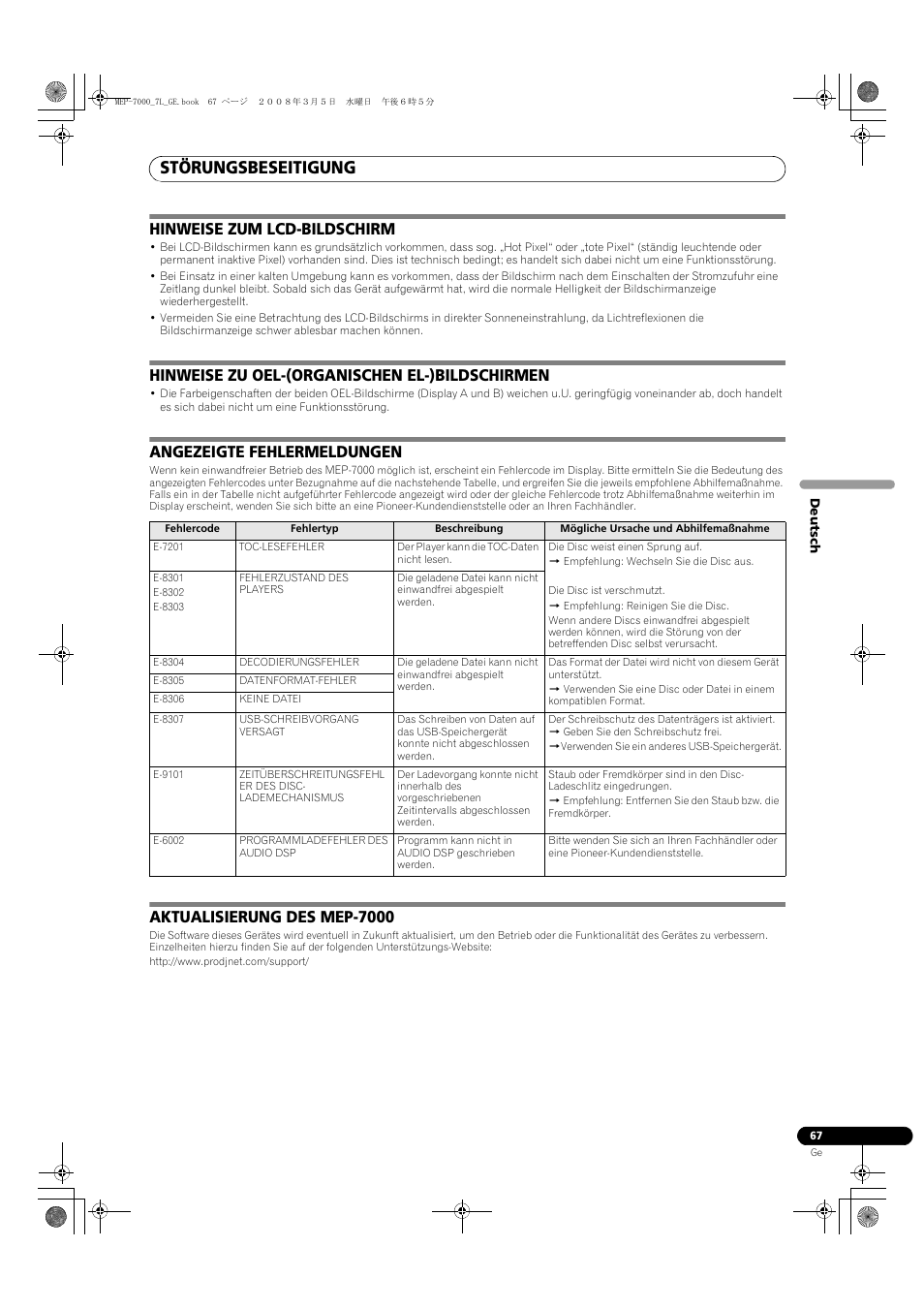 Störungsbeseitigung, Hinweise zum lcd-bildschirm, Hinweise zu oel-(organischen el-)bildschirmen | Angezeigte fehlermeldungen, Aktualisierung des mep-7000 | Pioneer MEP-7000 User Manual | Page 203 / 206