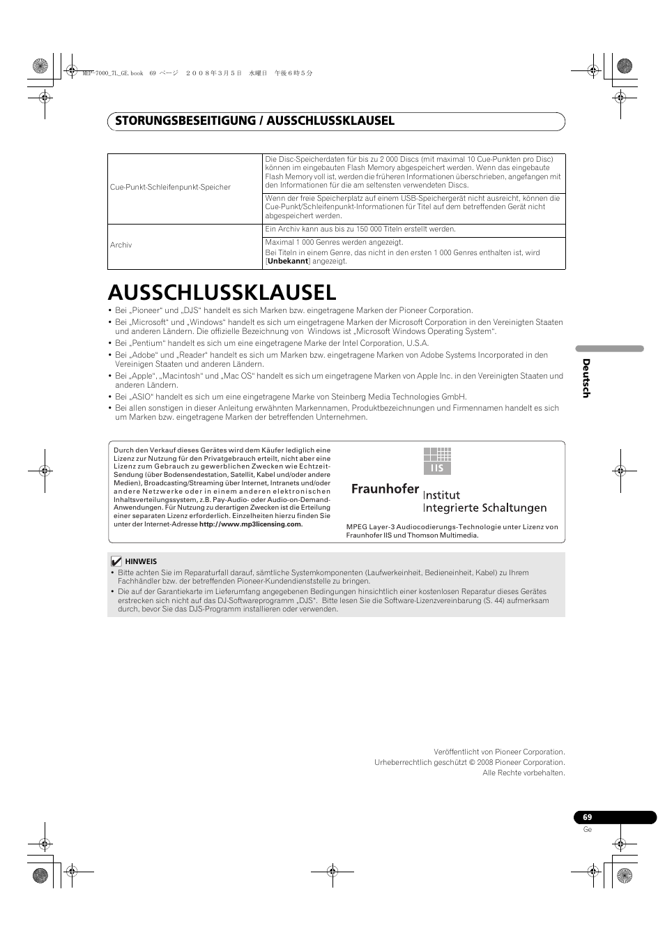 Ausschlussklausel, Storungsbeseitigung / ausschlussklausel | Pioneer MEP-7000 User Manual | Page 205 / 206