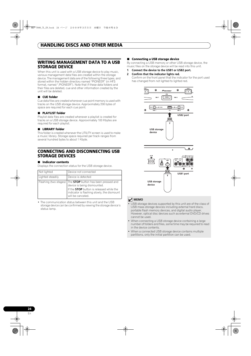 Handling discs and other media, Writing management data to a usb storage device, Connecting and disconnecting usb storage devices | Pioneer MEP-7000 User Manual | Page 24 / 206