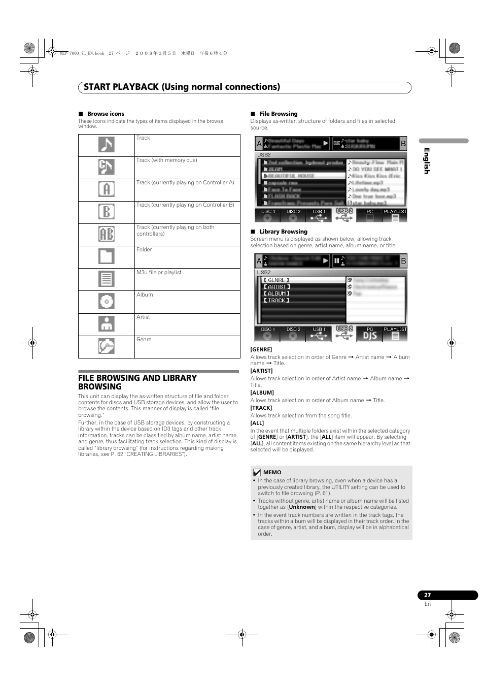 File browsing and library browsing, Start playback (using normal connections) | Pioneer MEP-7000 User Manual | Page 27 / 206