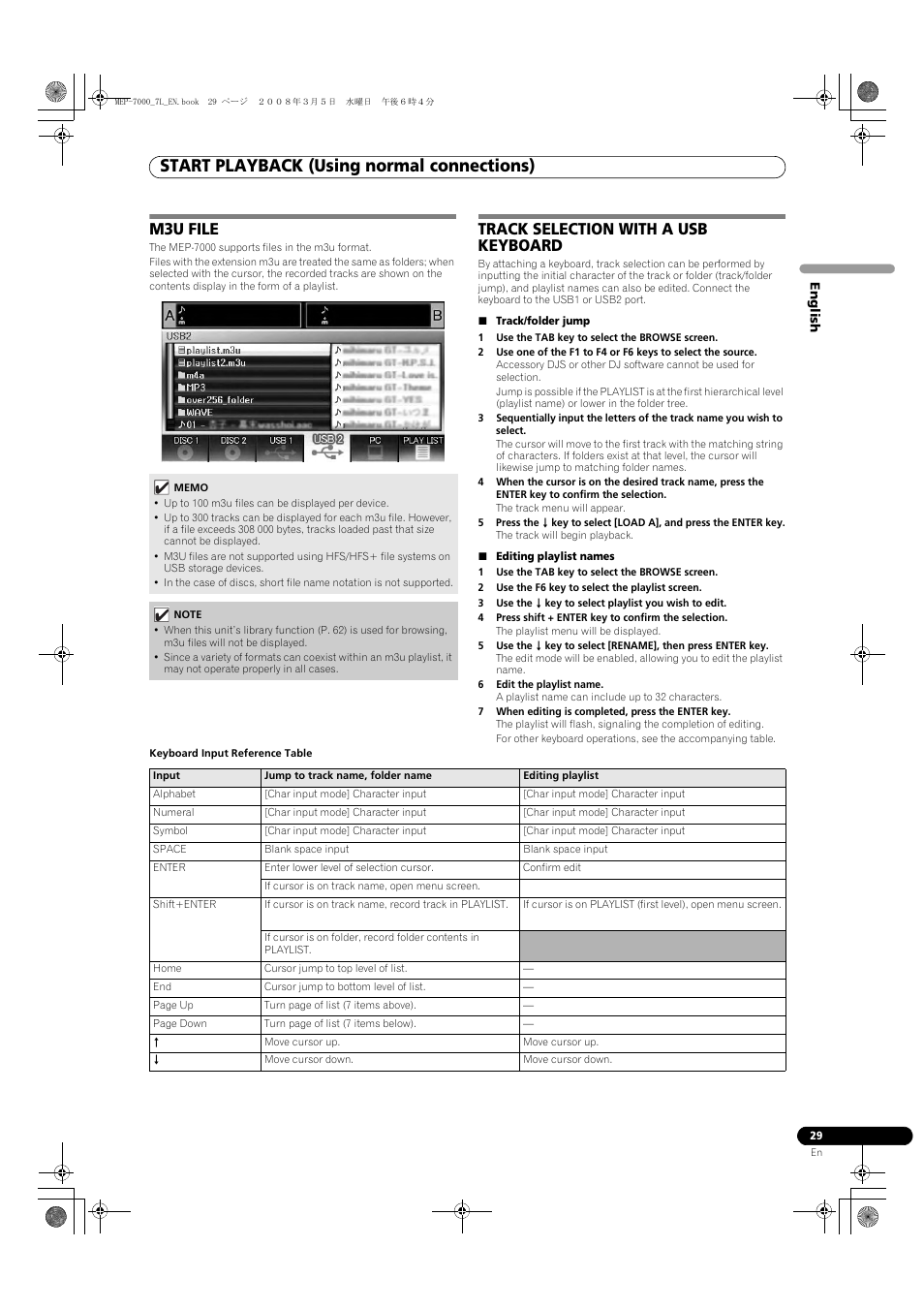 M3u file track selection with a usb keyboard, Start playback (using normal connections), M3u file | Track selection with a usb keyboard | Pioneer MEP-7000 User Manual | Page 29 / 206