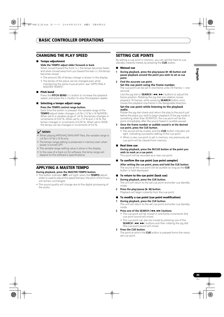 Basic controller operations, Changing the play speed, Applying a master tempo | Setting cue points | Pioneer MEP-7000 User Manual | Page 35 / 206
