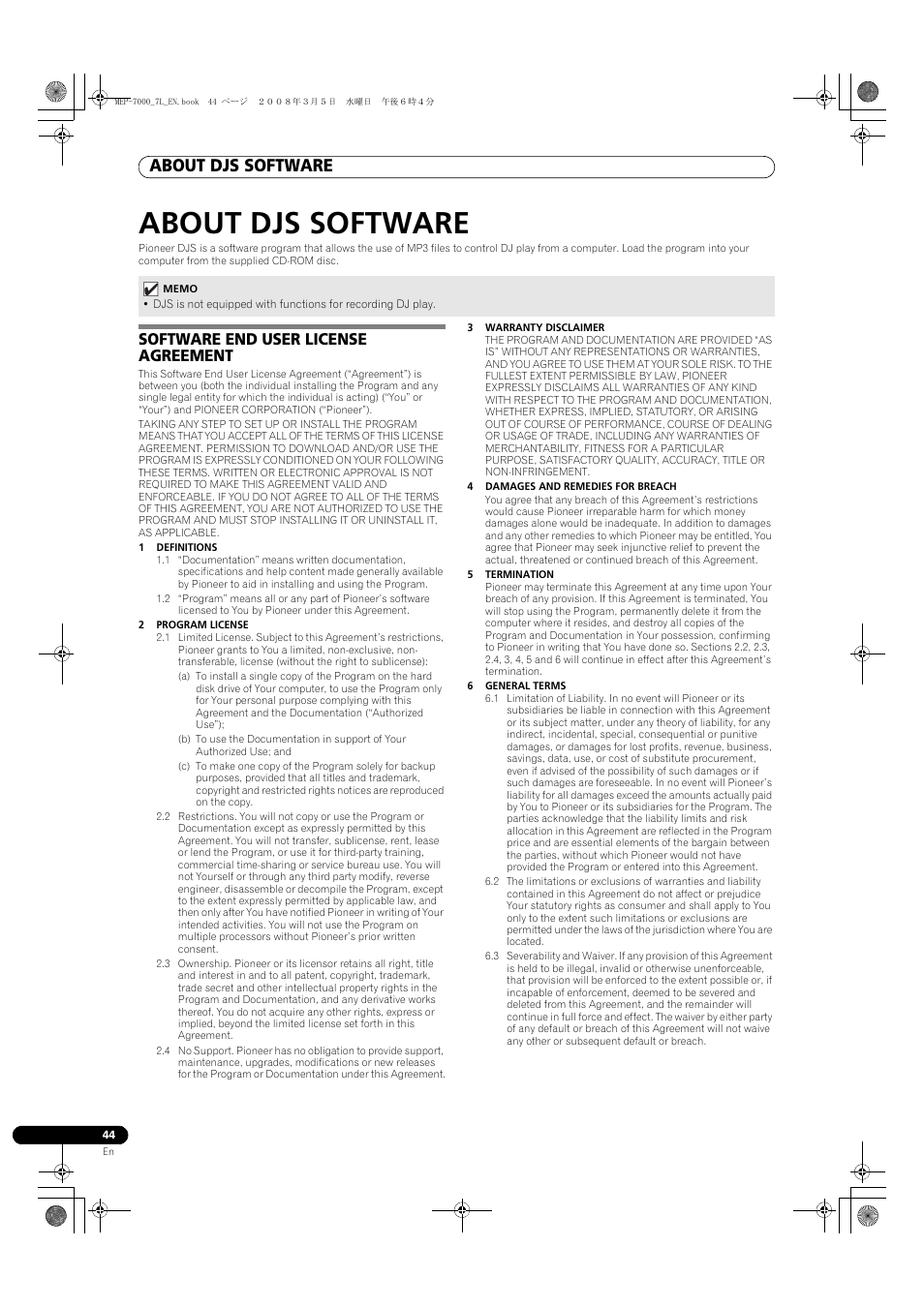 About djs software, Software end user license agreement | Pioneer MEP-7000 User Manual | Page 44 / 206