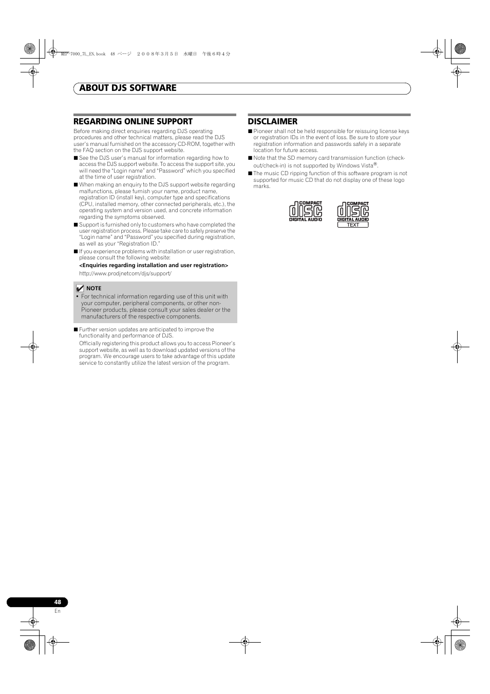 Regarding online support disclaimer, About djs software, Regarding online support | Disclaimer | Pioneer MEP-7000 User Manual | Page 48 / 206