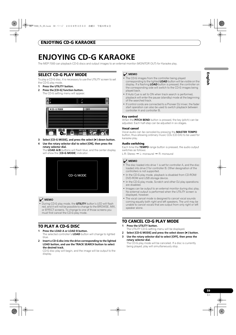 Enjoying cd-g karaoke, Select cd-g play mode | Pioneer MEP-7000 User Manual | Page 59 / 206