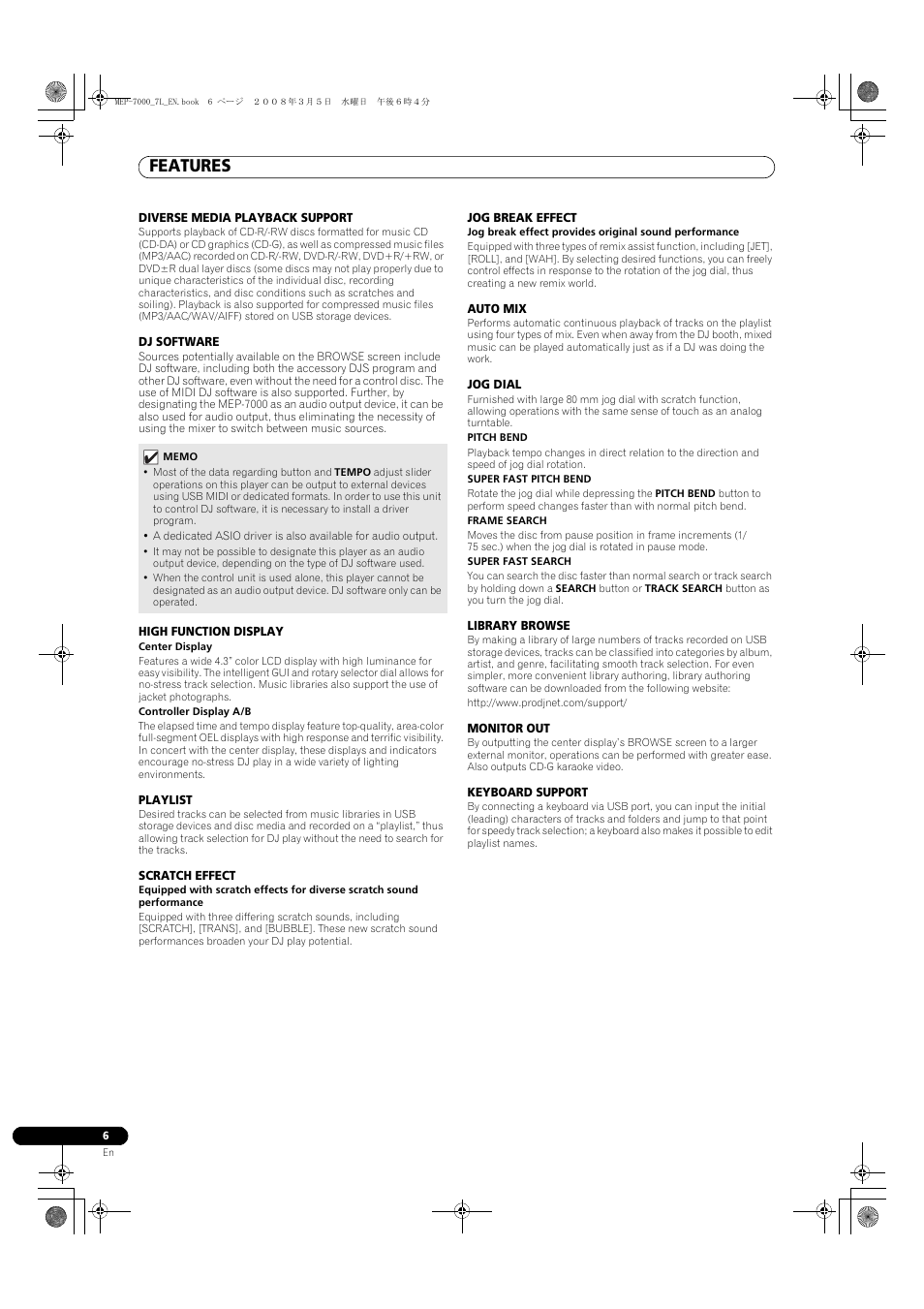Features | Pioneer MEP-7000 User Manual | Page 6 / 206