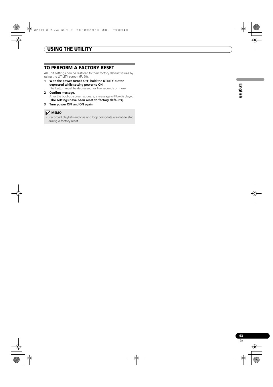 To perform a factory reset, Using the utility | Pioneer MEP-7000 User Manual | Page 63 / 206