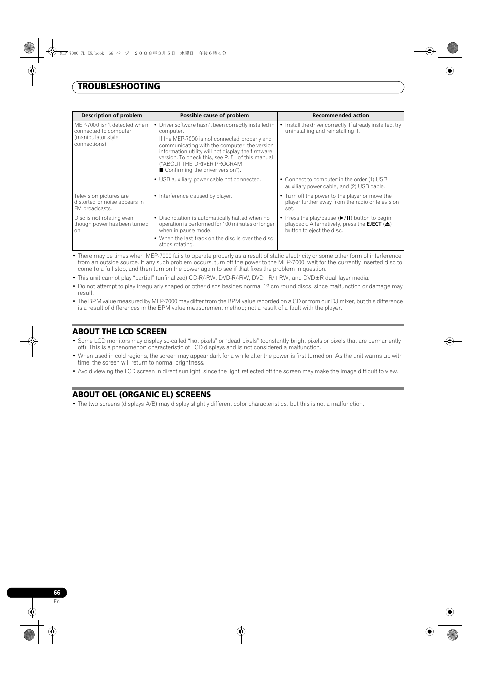 Troubleshooting, About the lcd screen, About oel (organic el) screens | Pioneer MEP-7000 User Manual | Page 66 / 206
