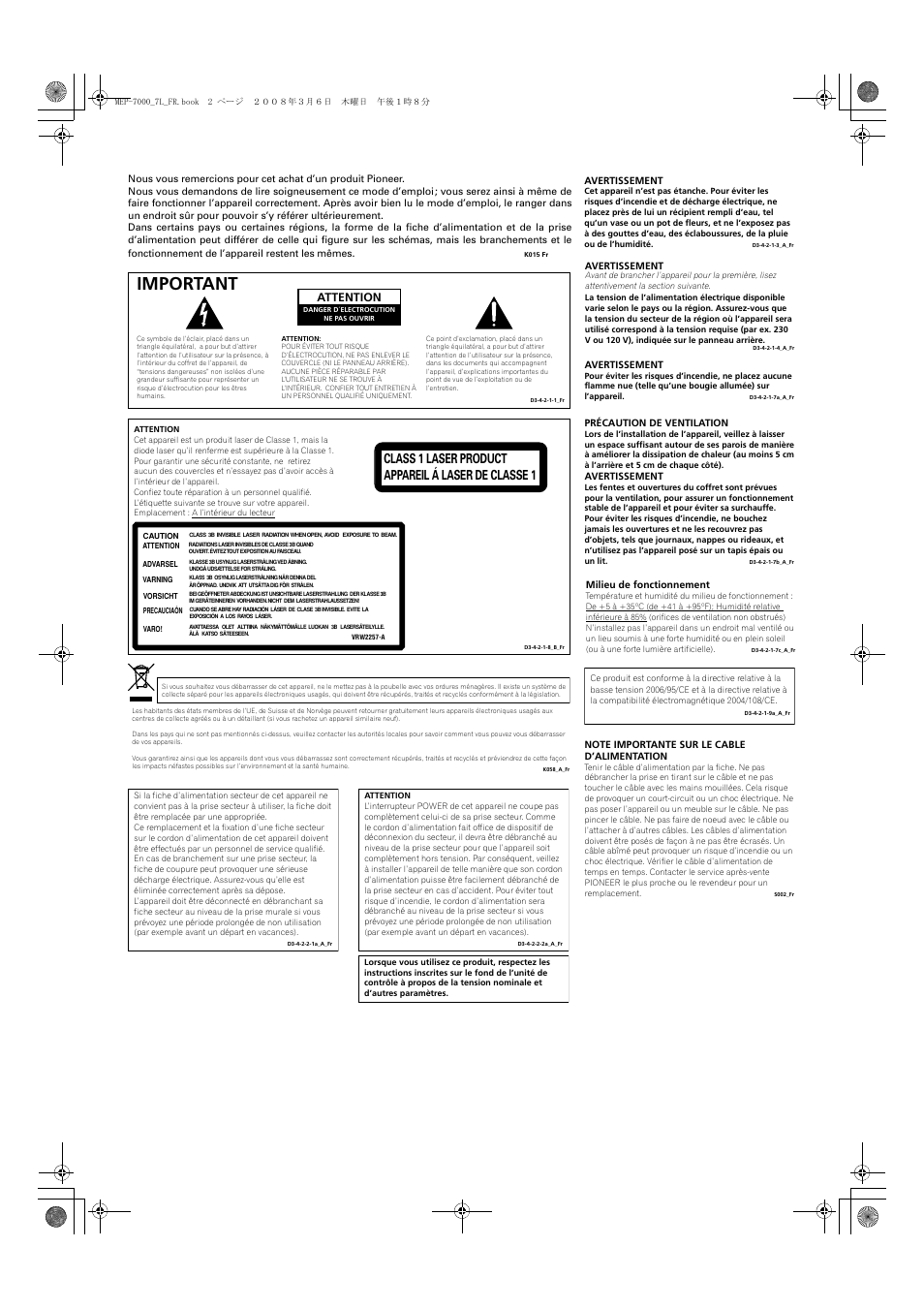 Important, Class 1 laser product appareil á laser de classe 1, Attention | Pioneer MEP-7000 User Manual | Page 70 / 206