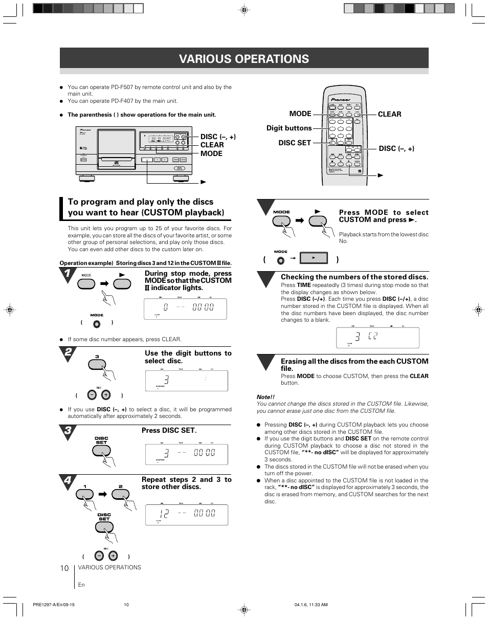 Various operations | Pioneer file-type compact disc player PD-F507 User Manual | Page 10 / 30
