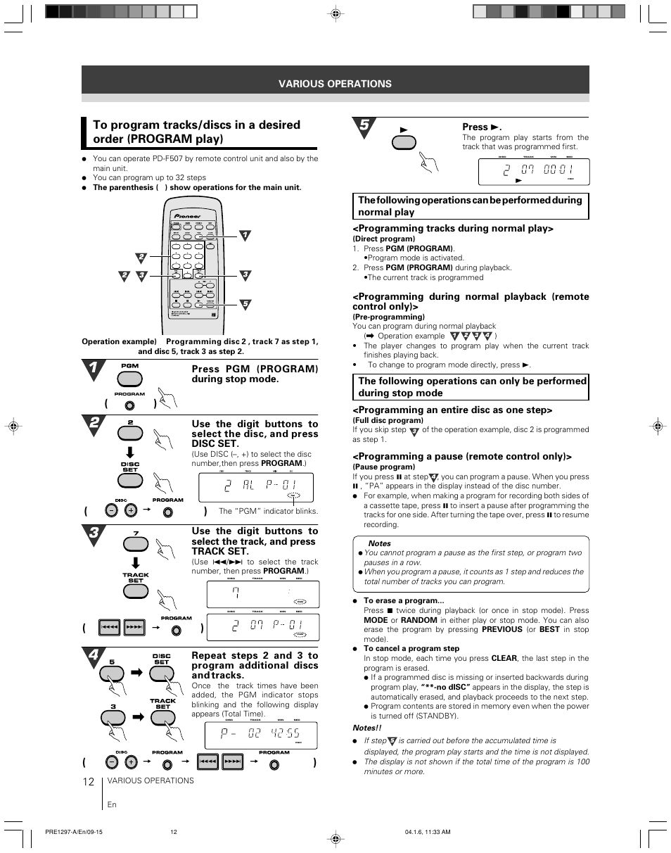 To program tracks/discs in a desired order, Press 3, Various operations | Programming an entire disc as one step, Programming a pause (remote control only) | Pioneer file-type compact disc player PD-F507 User Manual | Page 12 / 30