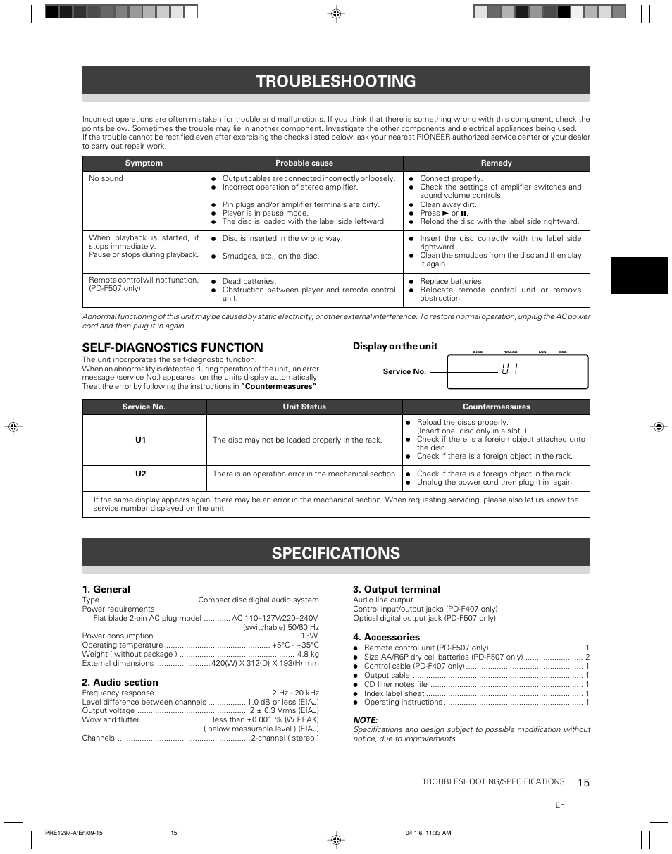 Troubleshooting specifications, Self-diagnostics function | Pioneer file-type compact disc player PD-F507 User Manual | Page 15 / 30