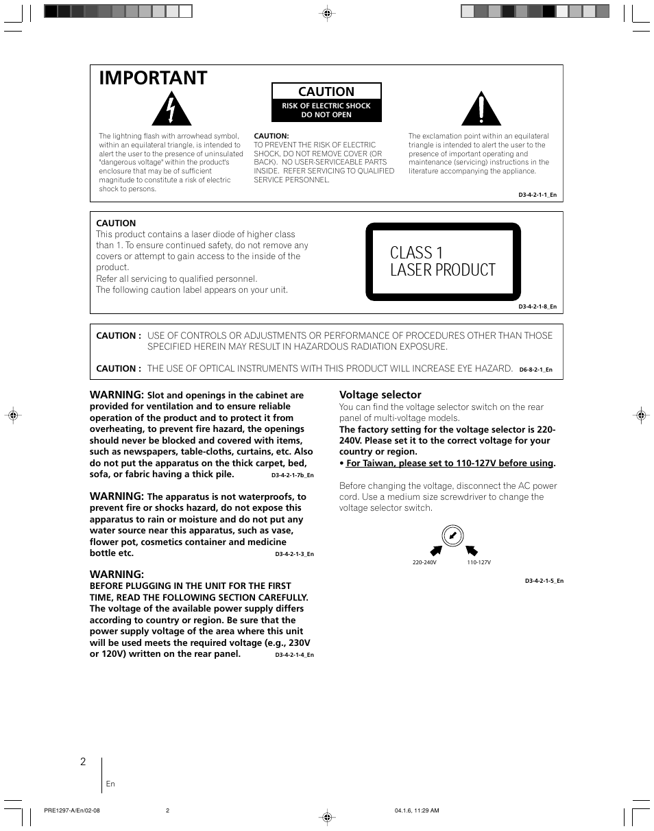 Important, Class 1 laser product, Caution | Pioneer file-type compact disc player PD-F507 User Manual | Page 2 / 30