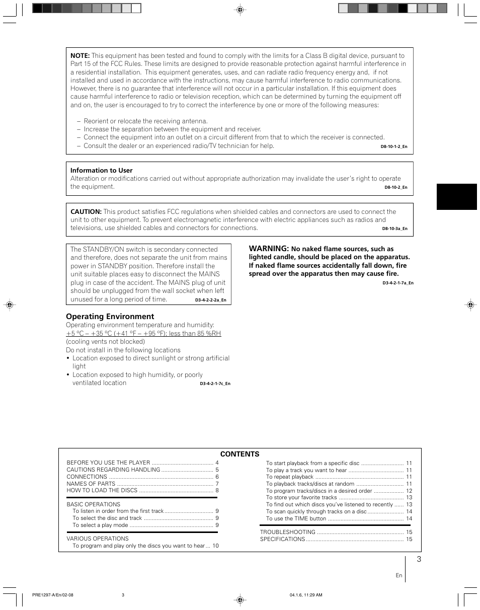 English, Operating instructions, Power on demo display | Within 1 second after turning on the power, Cannot be played with this player, File-type compact disc player, K041_en, Operating environment, Warning | Pioneer file-type compact disc player PD-F507 User Manual | Page 3 / 30