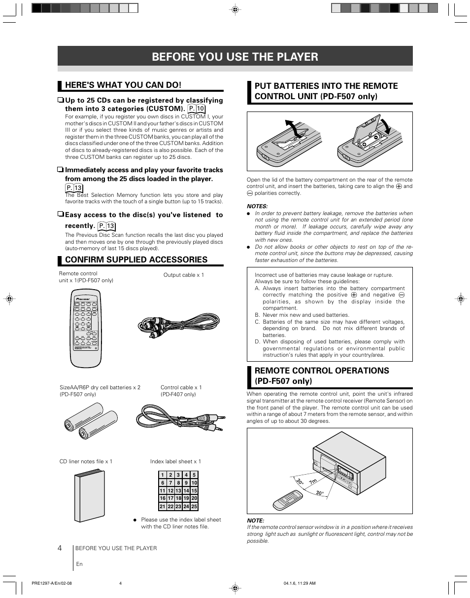 Before you use the player, Here's what you can do, Confirm supplied accessories | Pioneer file-type compact disc player PD-F507 User Manual | Page 4 / 30