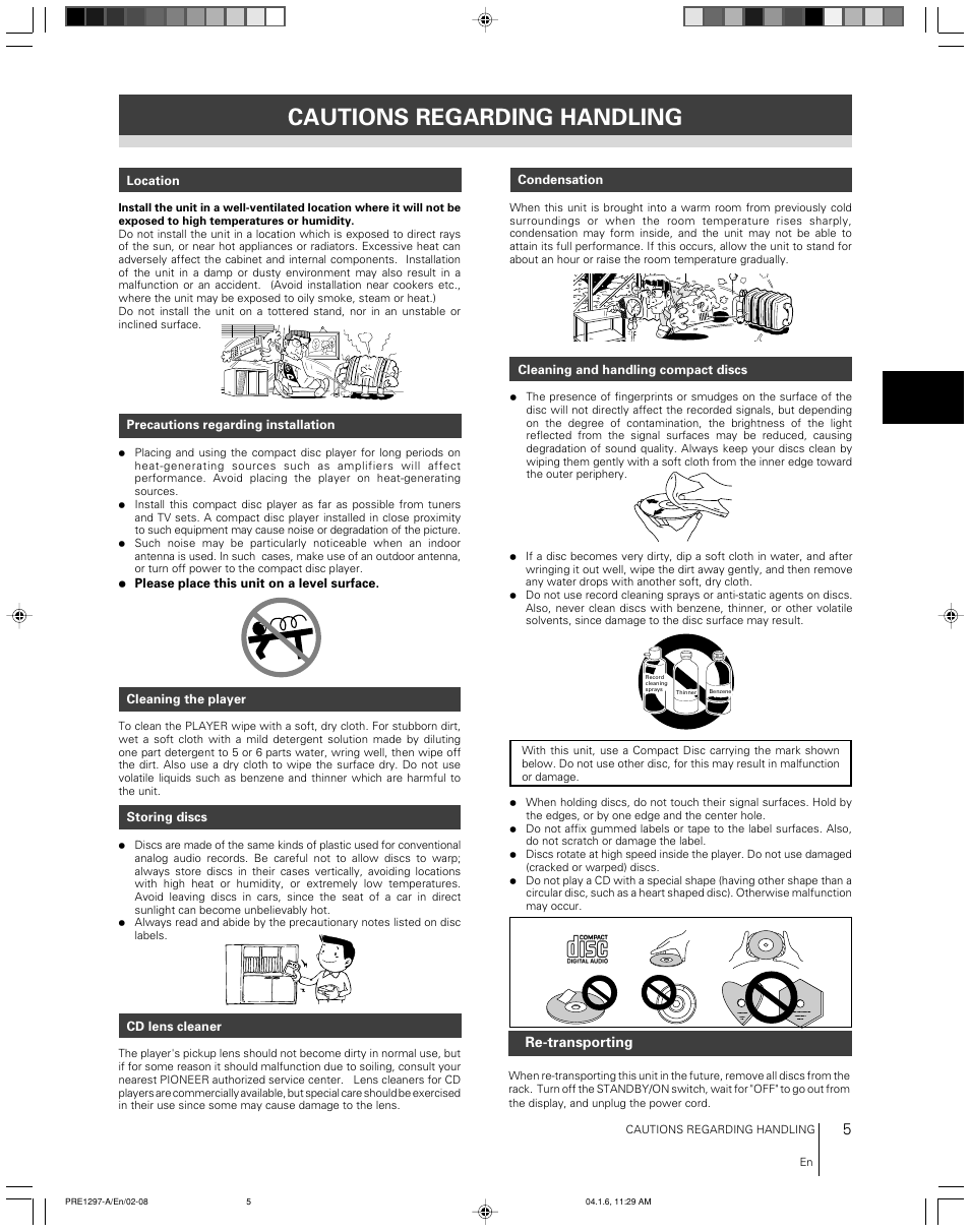 Cautions regarding handling | Pioneer file-type compact disc player PD-F507 User Manual | Page 5 / 30