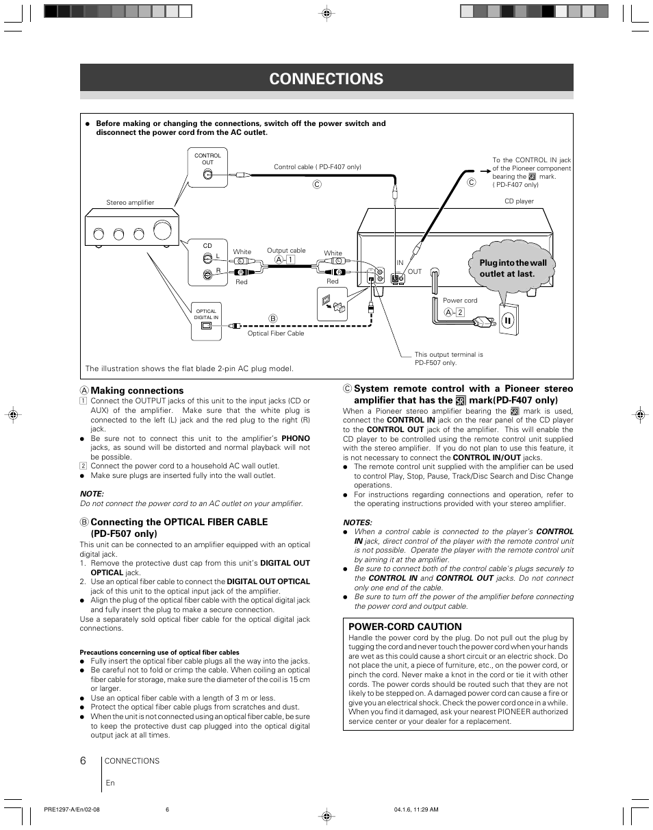 Connections | Pioneer file-type compact disc player PD-F507 User Manual | Page 6 / 30