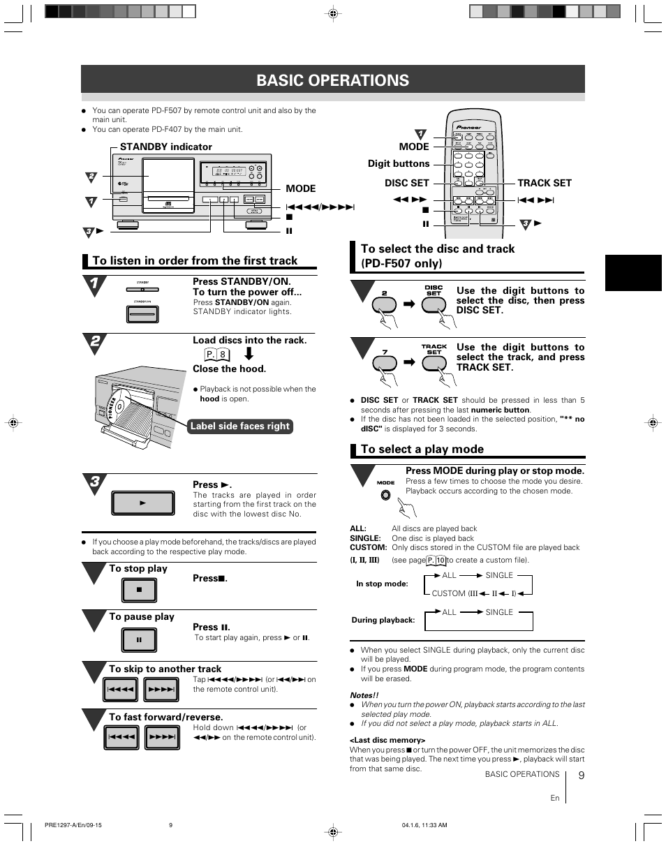 Basic operations | Pioneer file-type compact disc player PD-F507 User Manual | Page 9 / 30