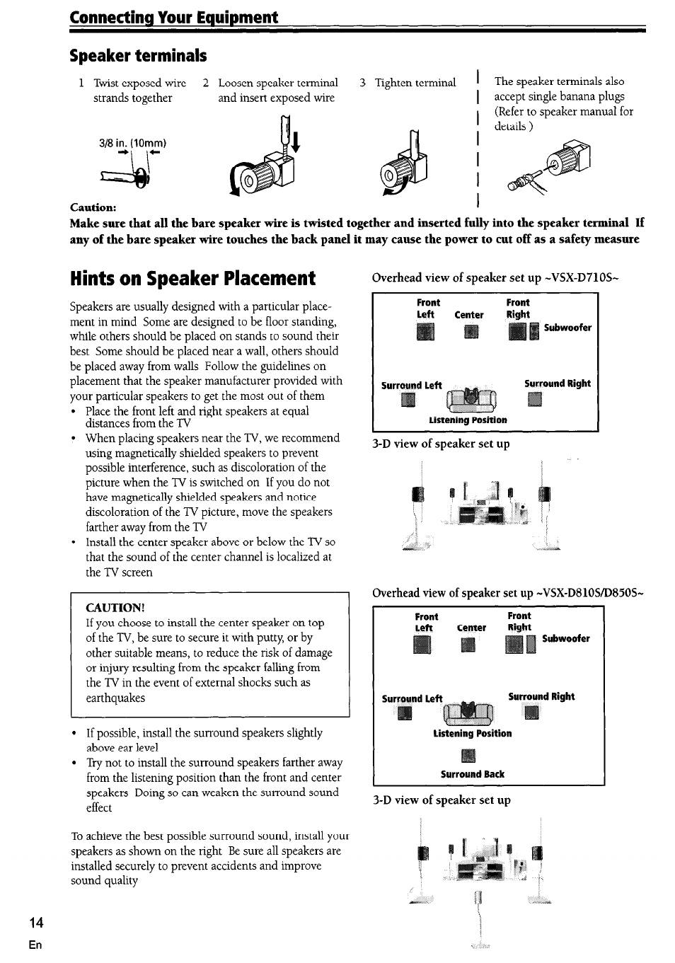 Speaker terminals, 3/8 in. (10mm), Caution | Hints on speaker placement, P !i | Pioneer VSX-D710S User Manual | Page 14 / 53