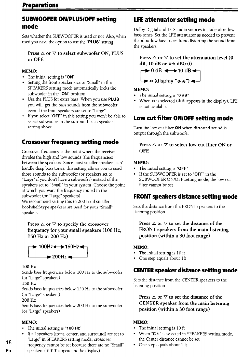 Subwoofer on/plus/off setting mode, Crossover frequency setting mode, Lfe attenuator setting mode | Low cut filter on/off setting mode, Front speakers distance setting mode, Center speaker distance setting mode, Preparations subwoofer on/plus/off setting mode | Pioneer VSX-D710S User Manual | Page 18 / 53