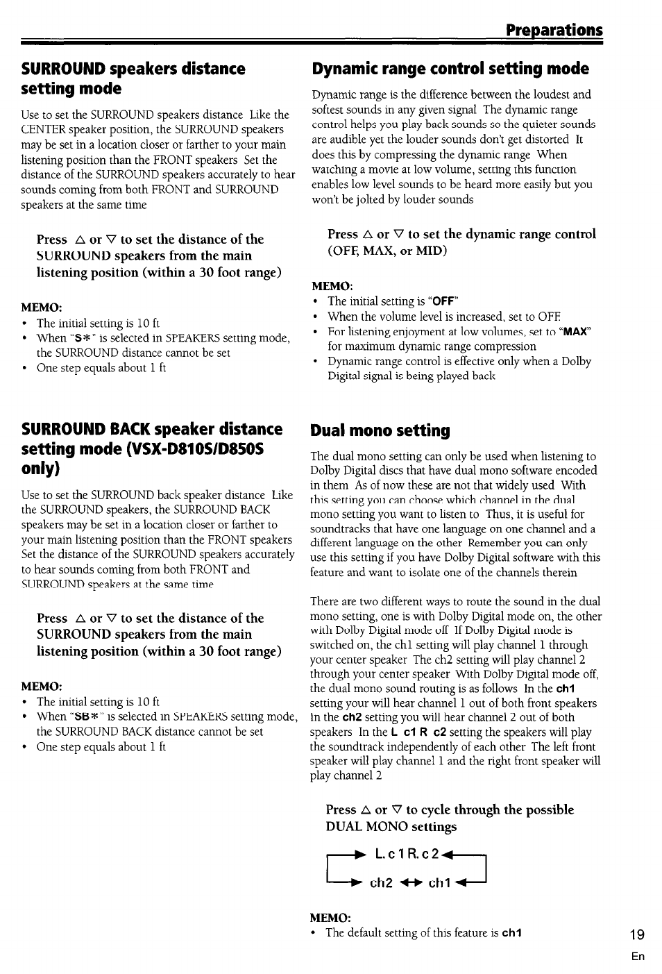 Surround speakers distance setting mode, Dynamic range control setting mode, Dual mono setting | Pioneer VSX-D710S User Manual | Page 19 / 53