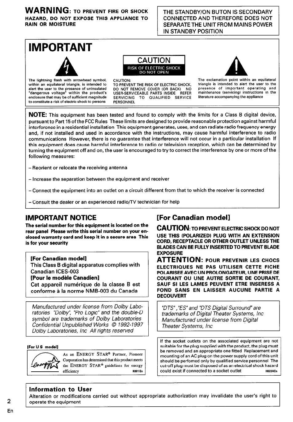 Important notice, For canadian model, Important | Caution, For canadian model] caution, Attention, Information to user | Pioneer VSX-D710S User Manual | Page 2 / 53