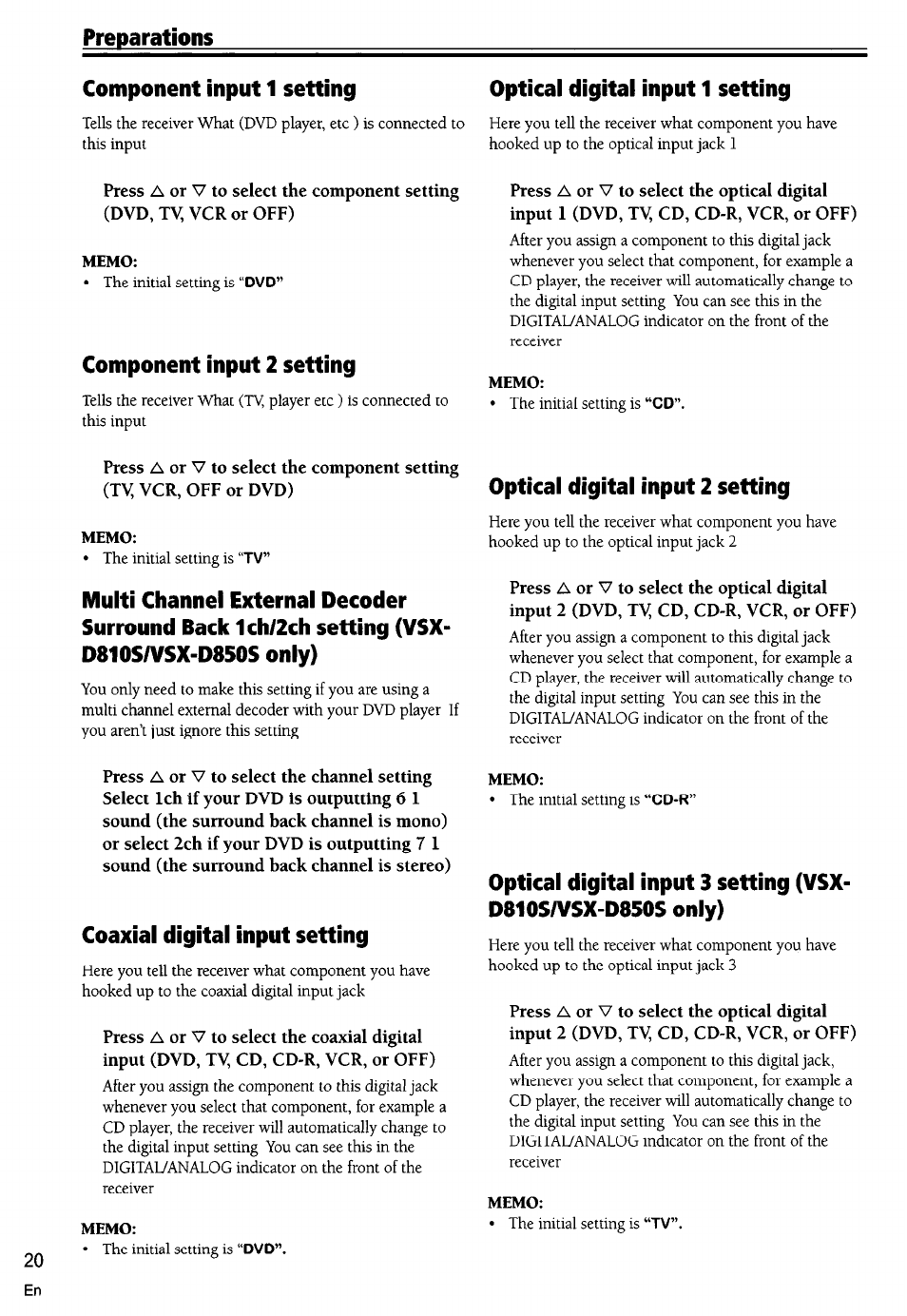 Component input 1 setting, Optical digital input 1 setting, Component input 2 setting | Coaxial digital input setting, Optical digital input 2 setting | Pioneer VSX-D710S User Manual | Page 20 / 53