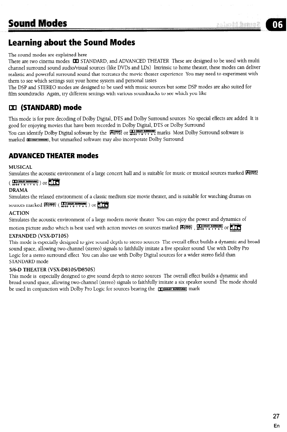 Learning about the sound modes, Standard) mode, Advanced theater modes | Sound modes c | Pioneer VSX-D710S User Manual | Page 27 / 53