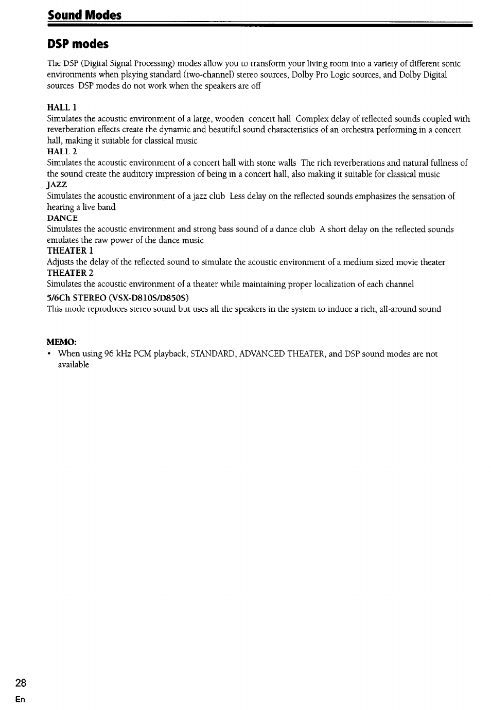 Dsp modes, Hall 1, Dance | Memo, Sound modes dsp modes | Pioneer VSX-D710S User Manual | Page 28 / 53