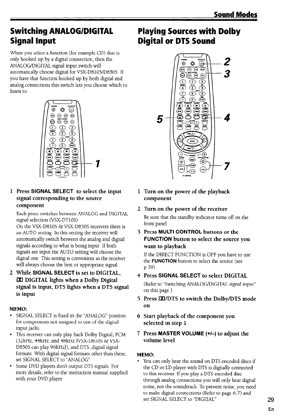 Switching analog/digital signal input, Playing sources with dolby digital or dts sound, Memo | Sound modes | Pioneer VSX-D710S User Manual | Page 29 / 53