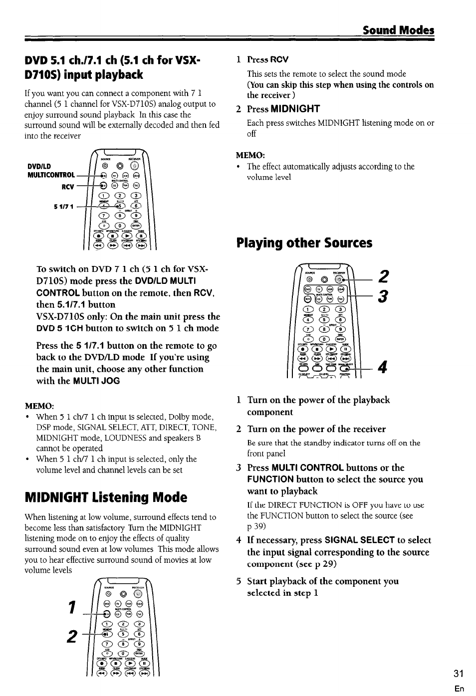Memo, Playing other sources, Midnight listening mode | Pioneer VSX-D710S User Manual | Page 31 / 53