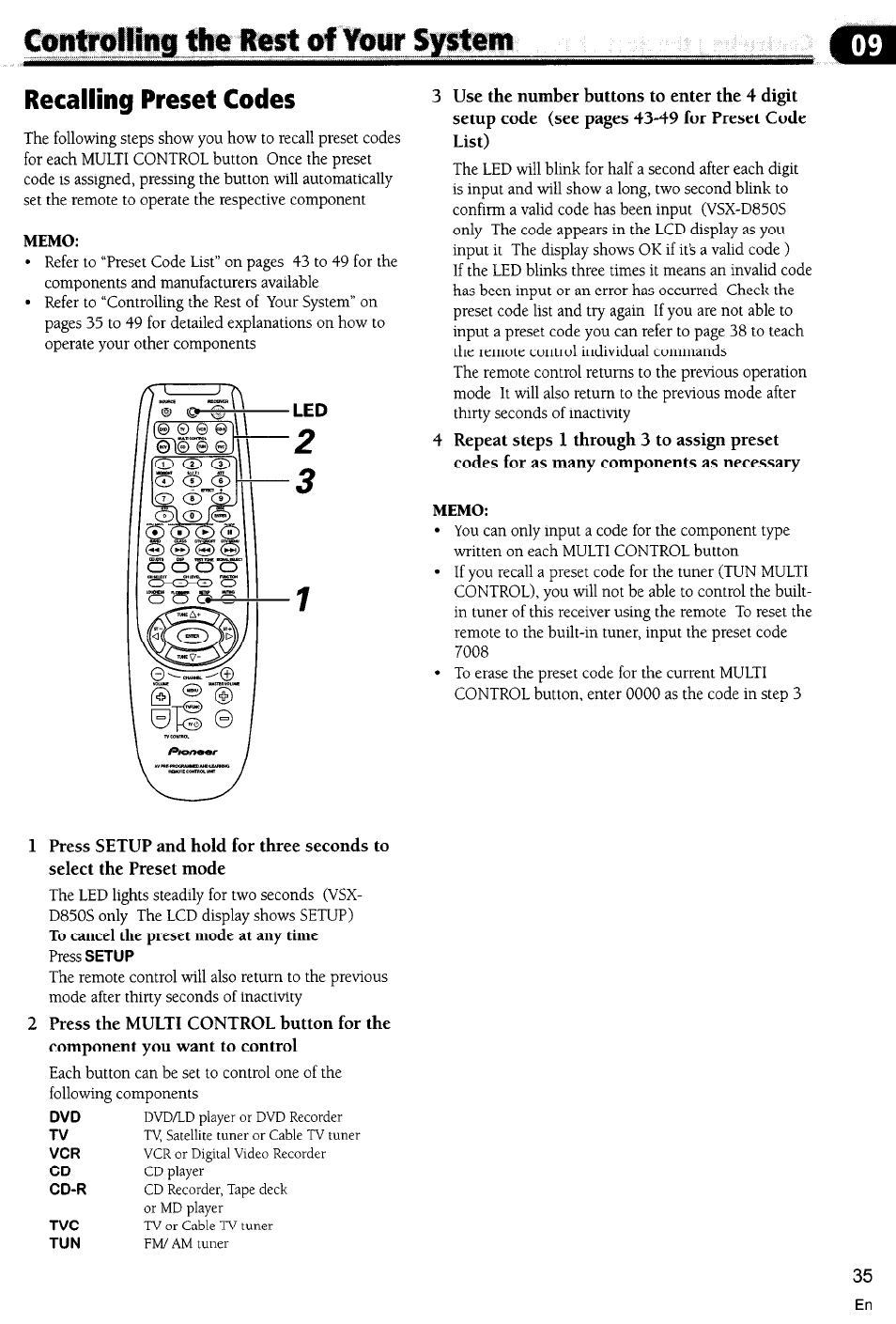 Recalling preset codes, Memo, Controlling the rest of lour syitiwi | Pioneer VSX-D710S User Manual | Page 35 / 53