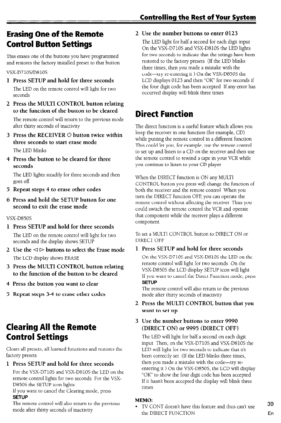 Erasing one of the remote control button settings, Clearing all the remote control settings, Direct function | Pioneer VSX-D710S User Manual | Page 39 / 53