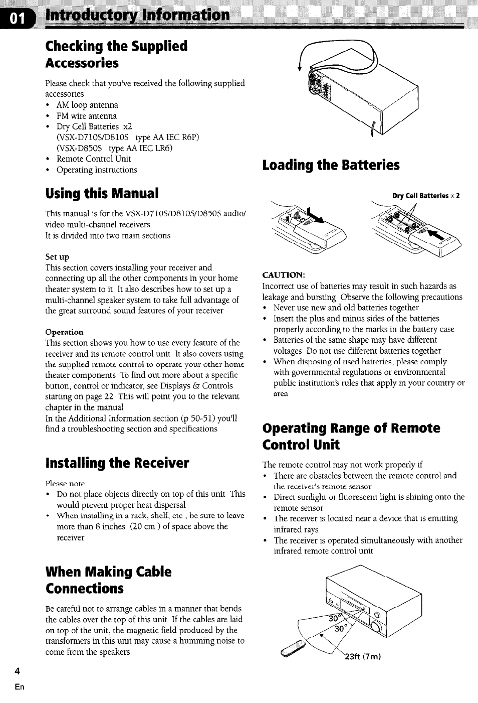 Introductory^ information, Checking the supplied accessories, Using this manual | Set up, Operation, Installing the receiver, When making cable connections, Loading the batteries, Caution, Operating range of remote control unit | Pioneer VSX-D710S User Manual | Page 4 / 53