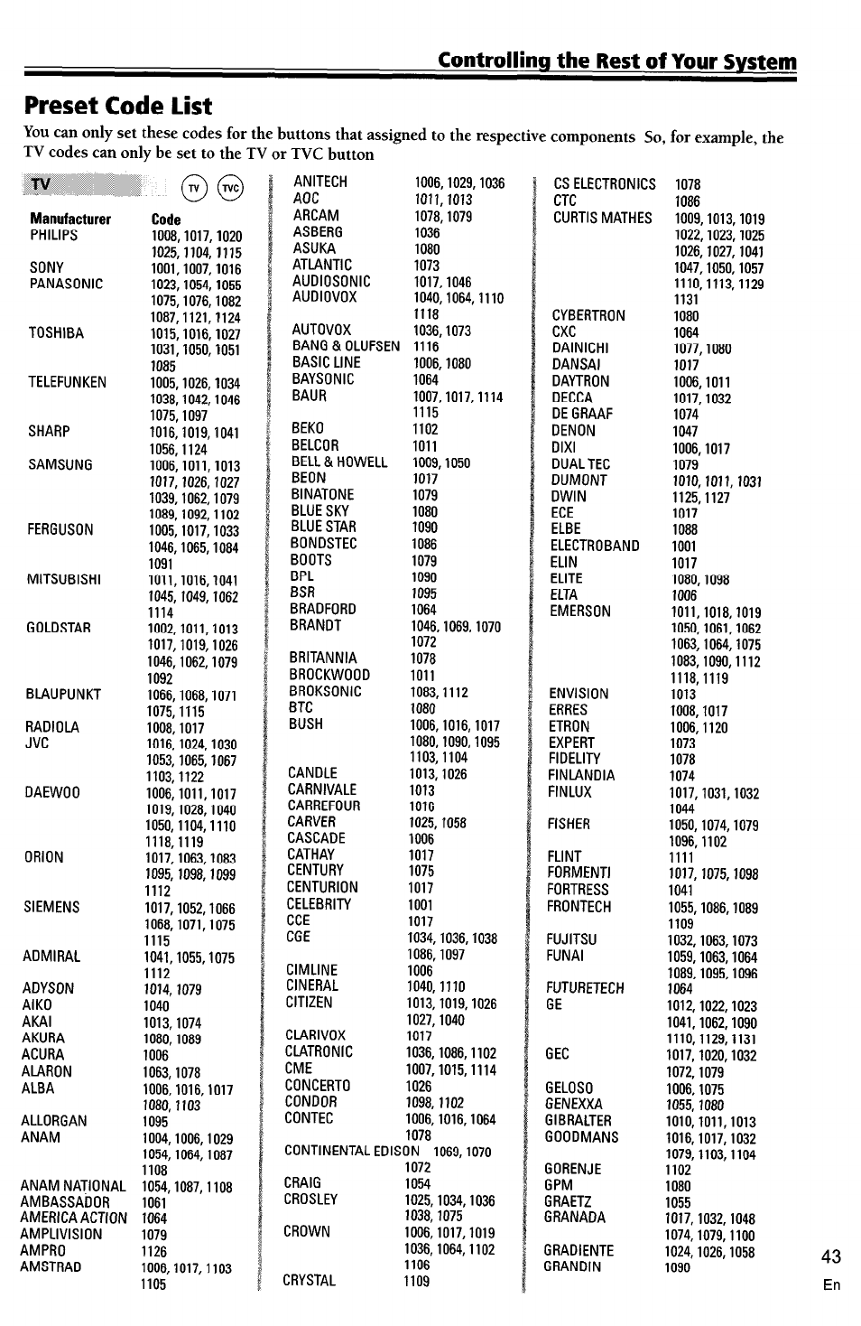 Preset code list, Controlling the rest of your system | Pioneer VSX-D710S User Manual | Page 43 / 53