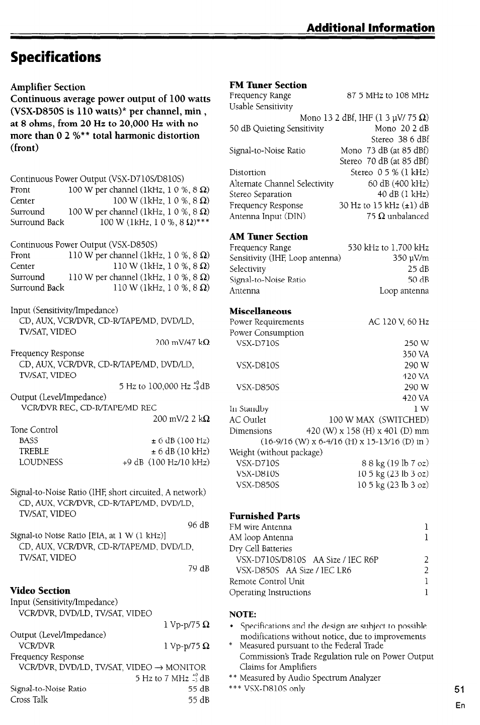 Specifications, Note, 51 en | Additional information | Pioneer VSX-D710S User Manual | Page 51 / 53