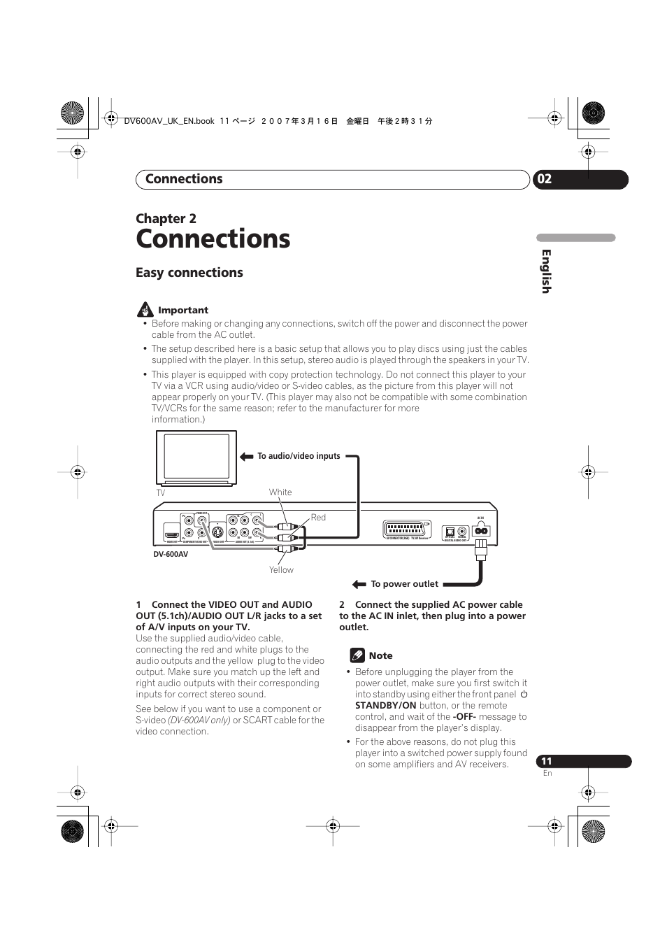 02 connections, Easy connections, Important | Connections, Connections 02, Chapter 2, English | Pioneer DV-600AV-S User Manual | Page 11 / 64