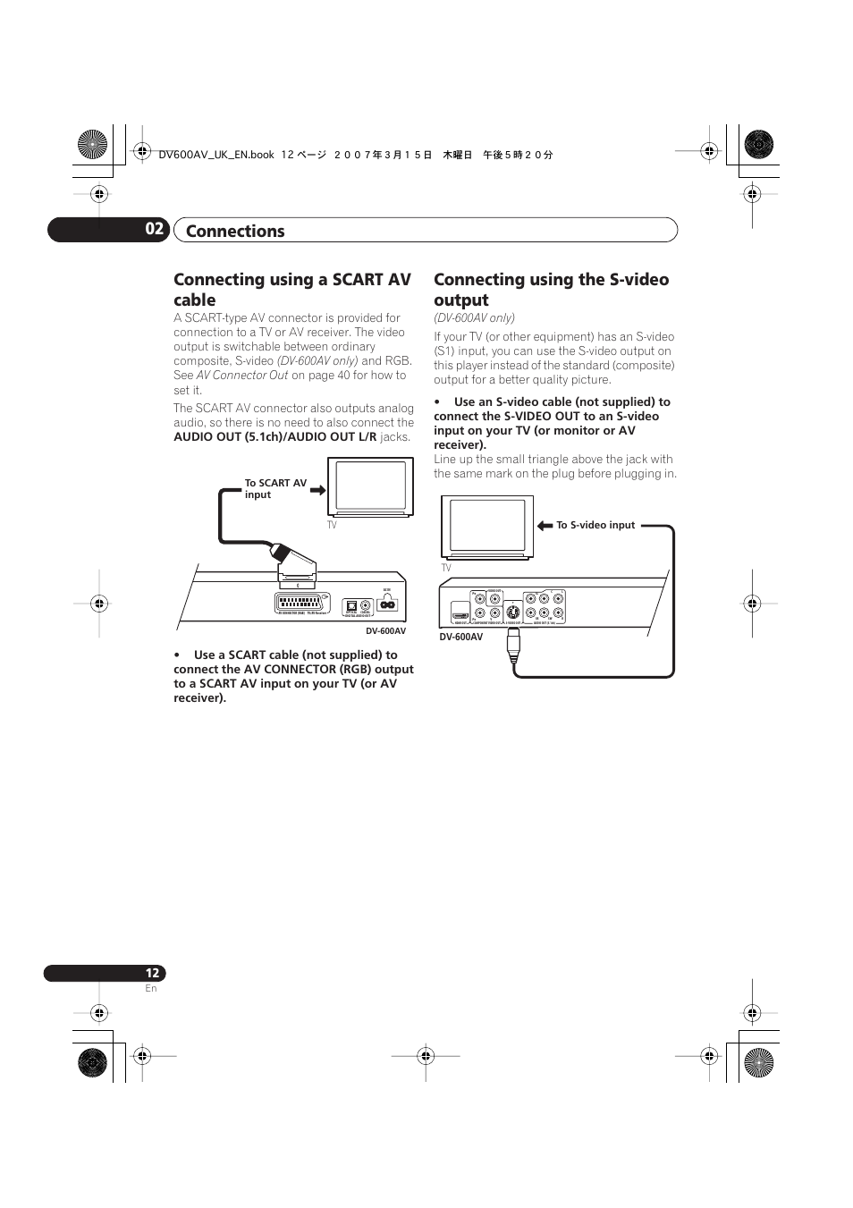 Connecting using a scart av cable, Connecting using the s-video output, Connections 02 | Pioneer DV-600AV-S User Manual | Page 12 / 64