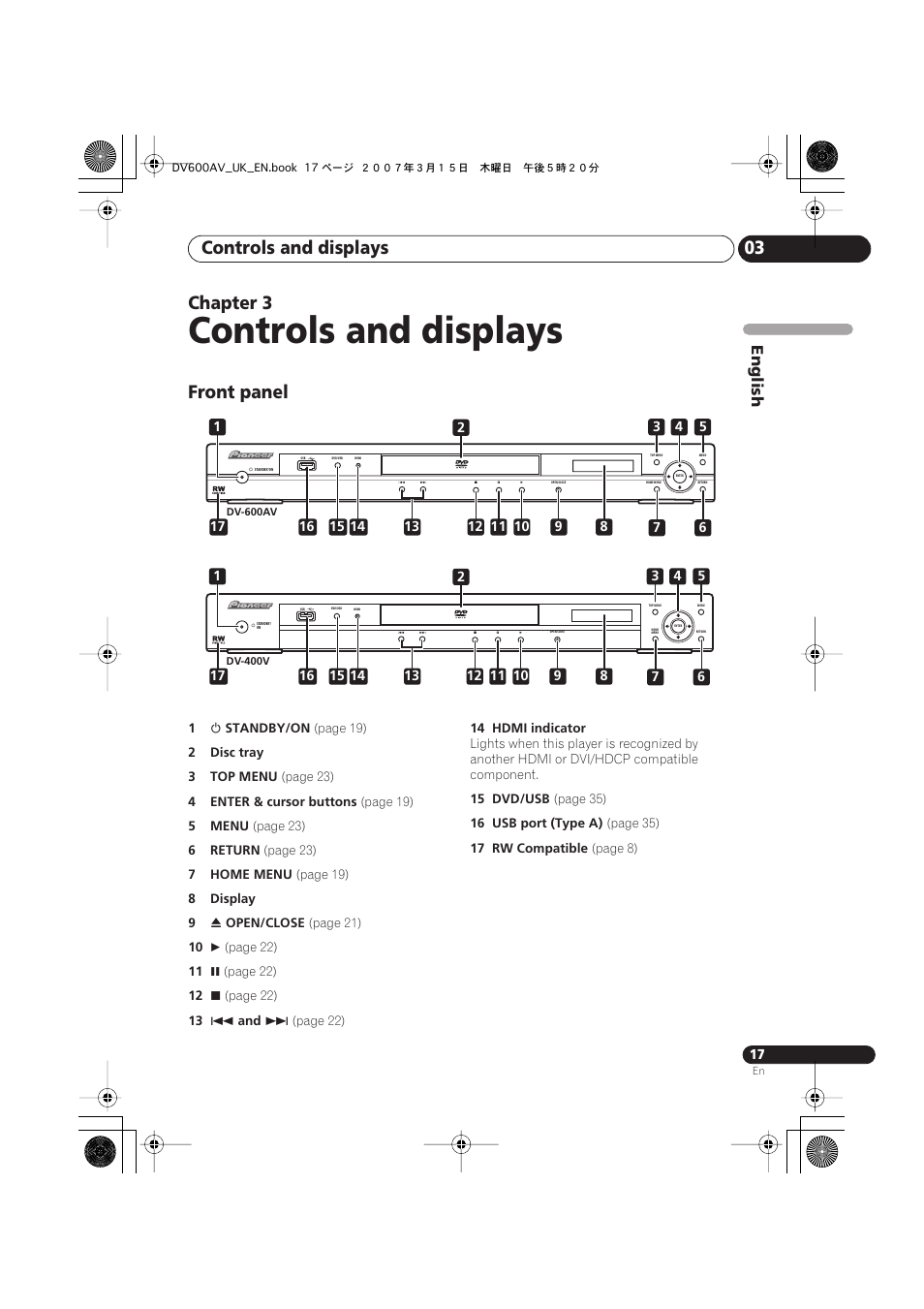03 controls and displays, Front panel, Controls and displays | Controls and displays 03, Chapter 3, English | Pioneer DV-600AV-S User Manual | Page 17 / 64