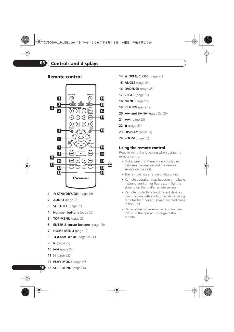 Remote control, Controls and displays 03 | Pioneer DV-600AV-S User Manual | Page 18 / 64