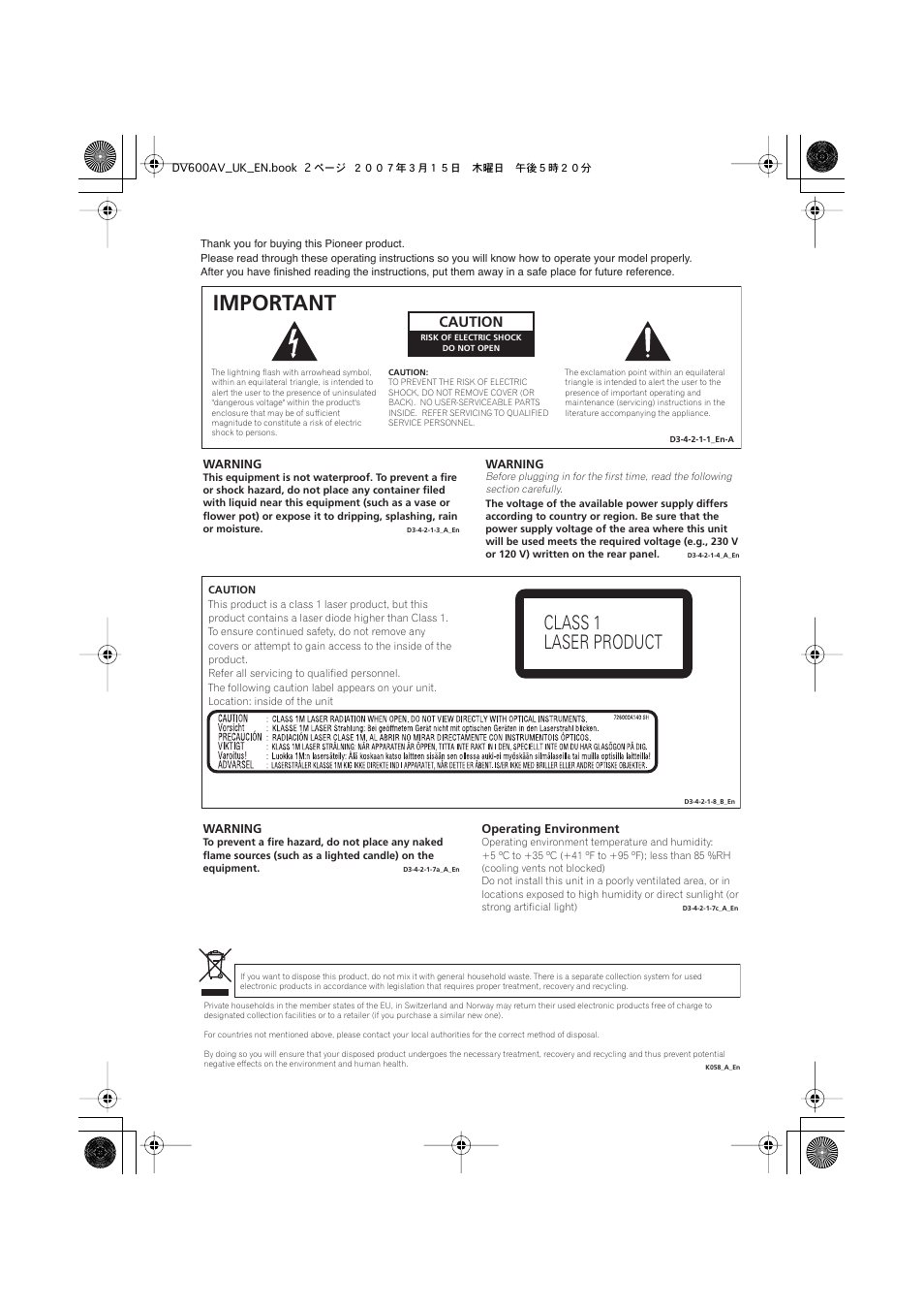 Important, Class 1 laser product, Caution | Pioneer DV-600AV-S User Manual | Page 2 / 64