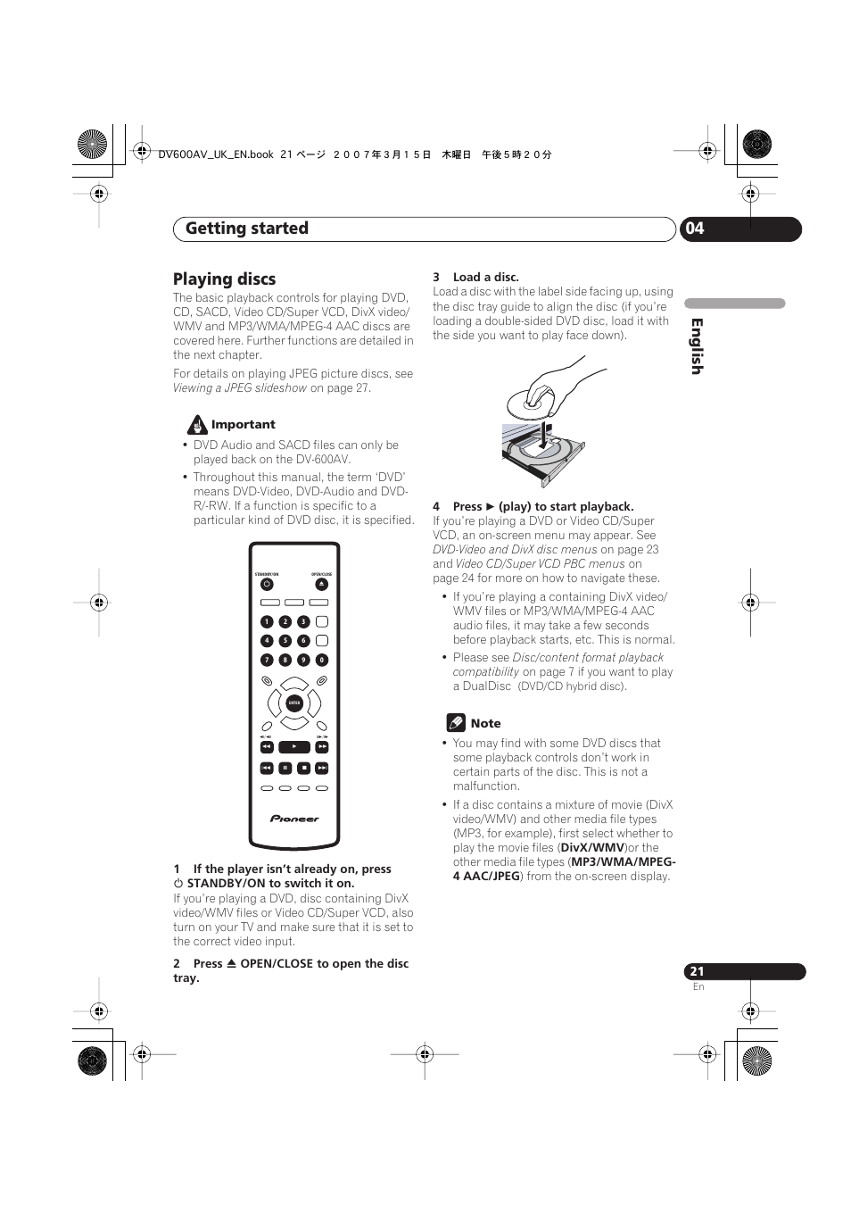 Playing discs, Getting started 04 | Pioneer DV-600AV-S User Manual | Page 21 / 64