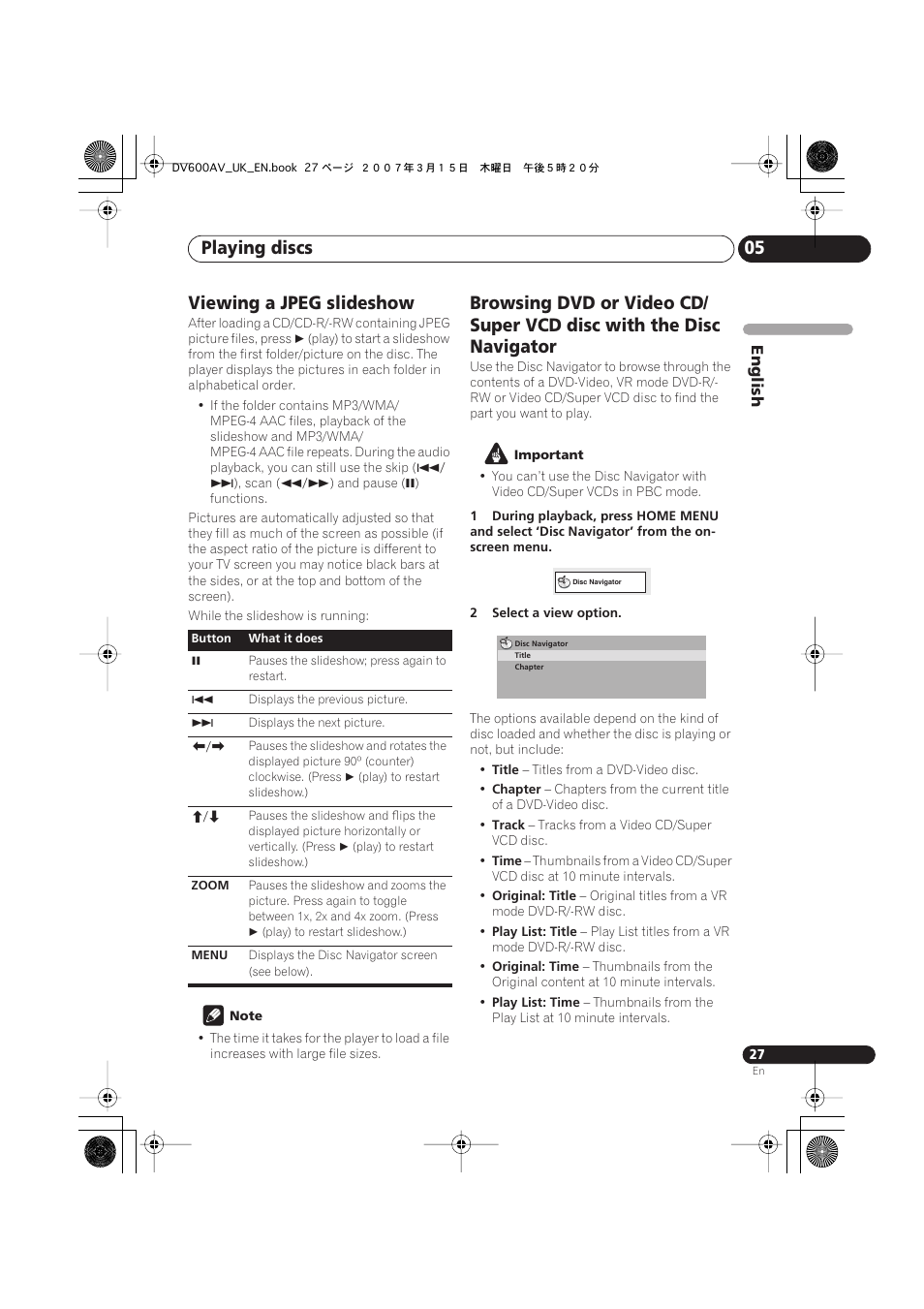 Viewing a jpeg slideshow, Playing discs 05 | Pioneer DV-600AV-S User Manual | Page 27 / 64